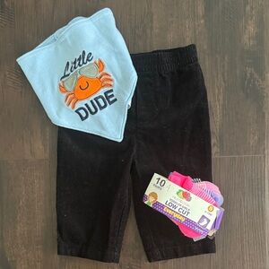 BABY BUNDLE CLOTHES BLACK CORDUROY PANTS LITTLE DUDE BIB 4 SOCS 6-9 mos